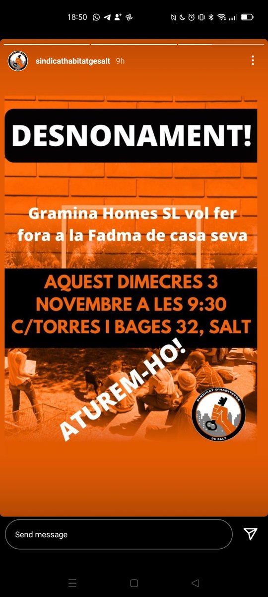 SaltSindicat's tweet photo. 📢ATENCIÓ DESNONAMENT: La Fadma té 70 anys i ara ls voltors de Gramina Homes volen fer-la fora d casa sense cap solució habitacional. Ni parlar-ne! Demà entre totes aturem el desnonament 💪🏾💪🏾💪🏾
📅 Dimecres 3/11
🕛 9.30
📌 Torres i Bages 32 de Salt
#LaFadmaEsQueda
Força sindicat‼️ https://t.co/8r1uKIH7po
