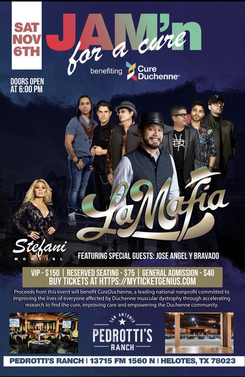 Come out at join us this Saturday night for JAM’n for a Cure with La Mafia!  We are excited to partner with 5xGrammy winning artist La Mafia on this journey for a cure for Duchenne muscular dystrophy! Get your limited tickets today!  dealingforDuchenne.org for more info!