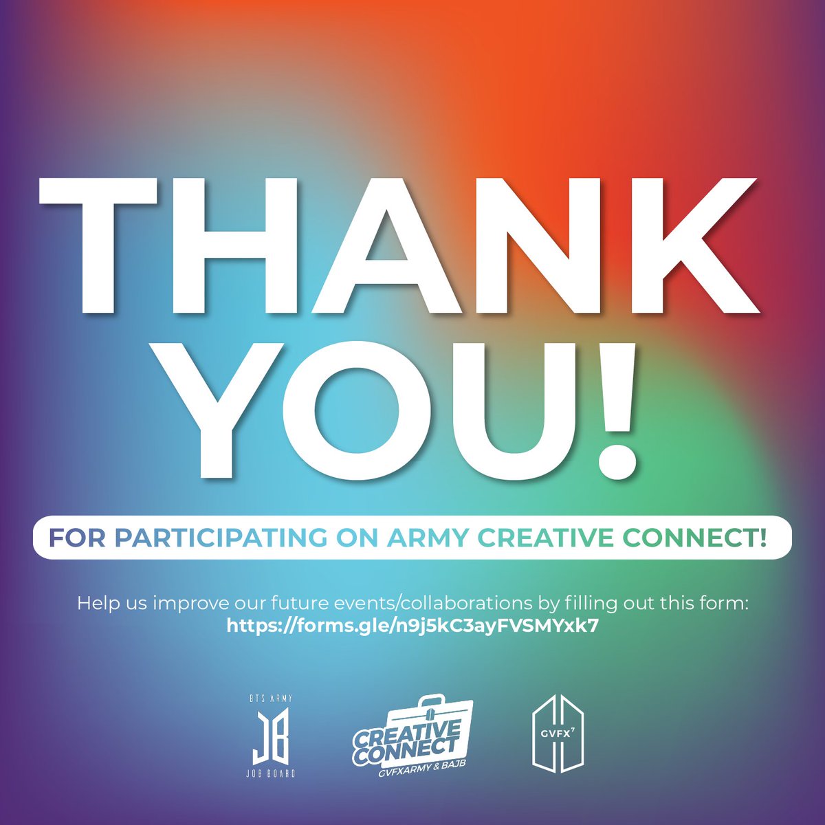 gvfxarmy's tweet photo. From @gvfxarmy and @BTSARMYJobBoard, thank YOU for making ARMY Creative Connect a success!
We hope you learned and connected through our event!
To help us improve on our future events, please fill out this feedback form! πhttps://t.co/Md5aDdtiVy
#ARMY_CreativeConnect https://t.co/3UsPrIvm6L