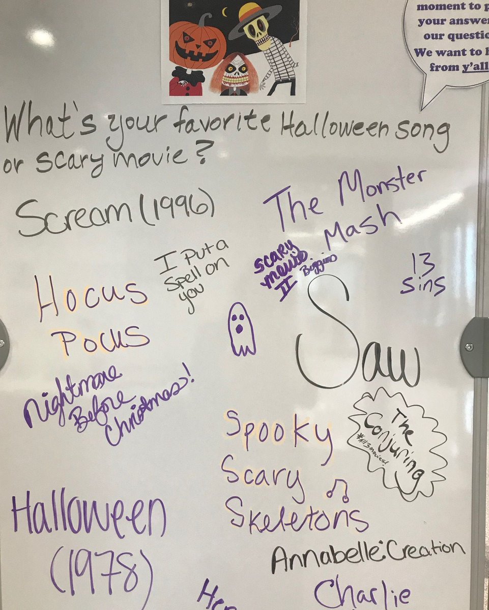 TarletonLib's tweet photo. Rickett Library Patrons' fav Halloween songs &amp; movies: Scream | Hocus Pocus |  Halloween | Frankenweenie | Hereditary |The Monster Mash | 13 Sins | Saw | The Conjuring | Annabelle: Creation | Redrum | Scary Movie 2 | Charlie &amp; the Chocolate Factory
#tarletonfortworth #tarletonfw https://t.co/O7x3IcE6sj