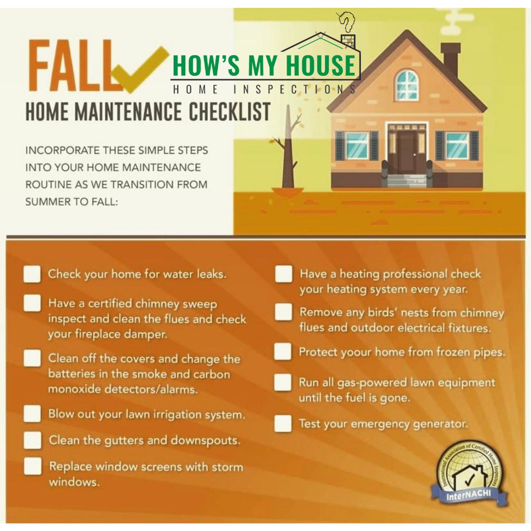 Howsmyhouse's tweet photo. Don’t wait for the snow to fall to begin your Fall home maintenance. Take care of these items soon. If you need your home inspected, give us a call. #homeinspection#homemaintenance#longisland#realestate https://t.co/A1w37W14UM
