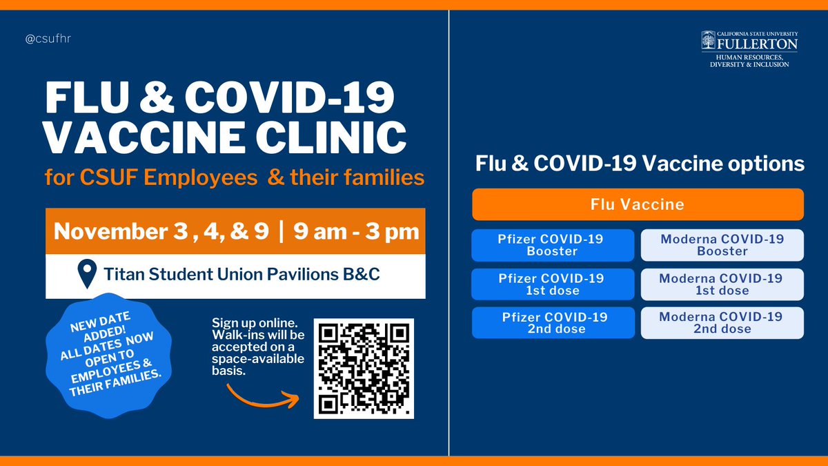 csufhrdi's tweet photo. A new date is available for the on-campus COVID-19 &amp; Flu Vaccine Clinic and all dates are now open to @csuf  employees &amp; their family members! Sign up to receive your vaccine(s). Walk-ins accepted on a space-available basis only. Learn more via the link in our bio. #CSUFCovid19 https://t.co/itJTmNfEUi