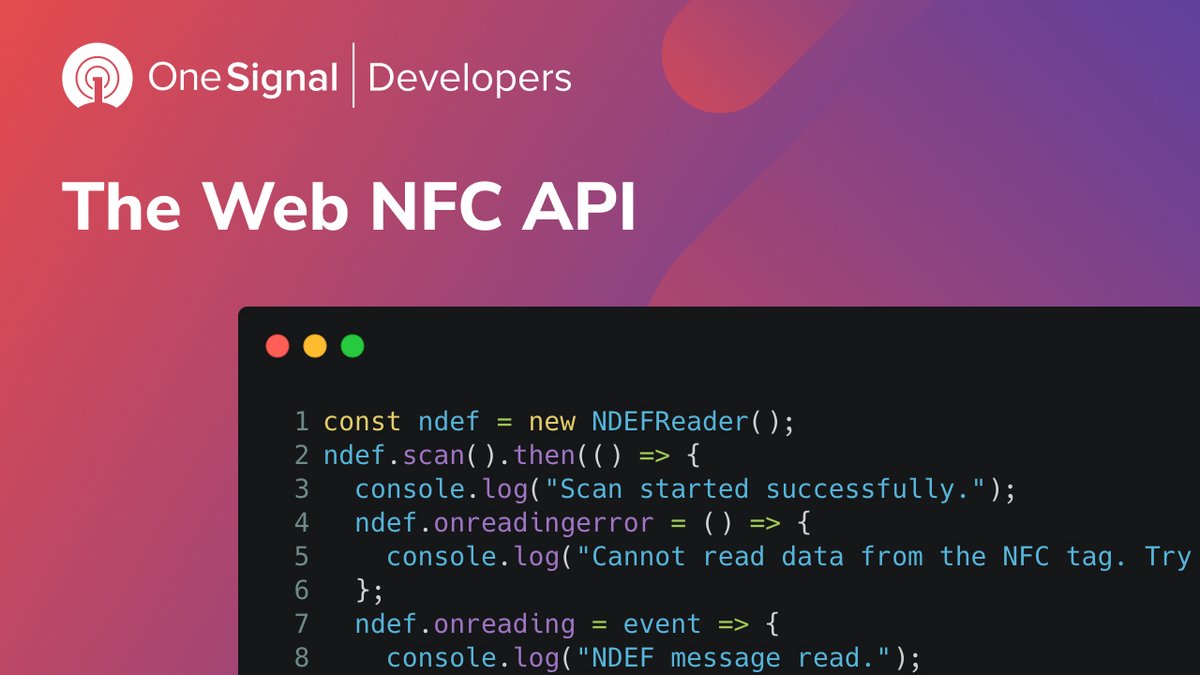 OneSignalDevs's tweet photo. "Have you heard of The Web NFC API? It allows exchanging data over NFC via light-weight NFC Data Exchange Format (NDEF) messages using #Javascript.

🚨Currently only works on Chrome on Android devices.

Sample: https://t.co/EuMQOU0jy9
📑https://t.co/c1go5njrjA

#osdevs #webdev" https://t.co/09K9Z7pTEX