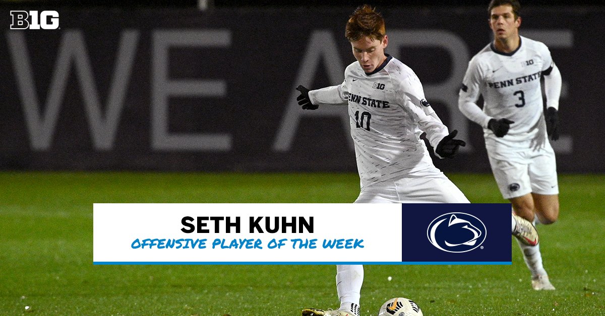 🚨 Weekly Awards Alert 🚨 
 
Seth Kuhn of <a href="/PennStateMSOC/">Penn State Men’s Soccer</a> is the #B1GMSoc Offensive Player of the Week!

⚽  Totaled 3 goals and 1 assist in wins over No. 7 Maryland and Wisconsin 
⚽  Led PSU to its first Big Ten regular season title since 2013

🗞️  bit.ly/3BDBwSU