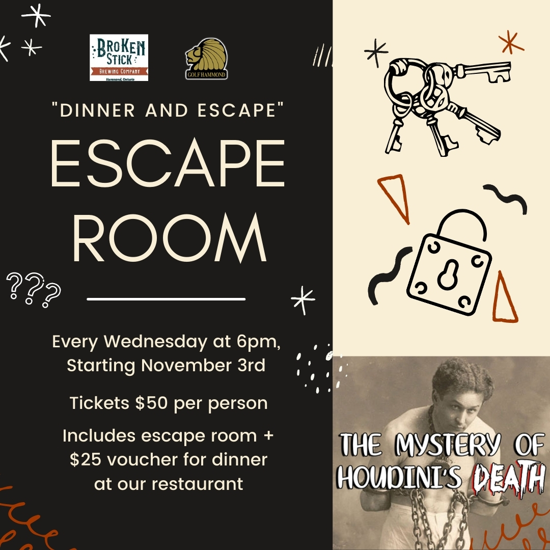 A Mobile Escape Room Escape Room is Coming to <a href="/HammondGolfCC/">Hammond Golf & CC</a> !
Every Wednesday at 6pm, starting this Wednesday!

Tickets are $50 per person and include entry into the escape room and a $25 voucher at our restaurant.

Tickets: hammondgolf.com/shop-2/

#brokenstickbrewingcompany
