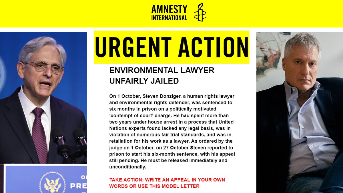 SDonziger's tweet photo. BREAKING: In a 2nd Urgent Action @amnesty directs members of the public to write letters to Merrick Garland requesting a full investigation into Steven's detention.

This is an unprecedented request for a U.S. citizen. 

Link to full request: https://t.co/jiW7hUZBod https://t.co/Hl9VNSEZ6u