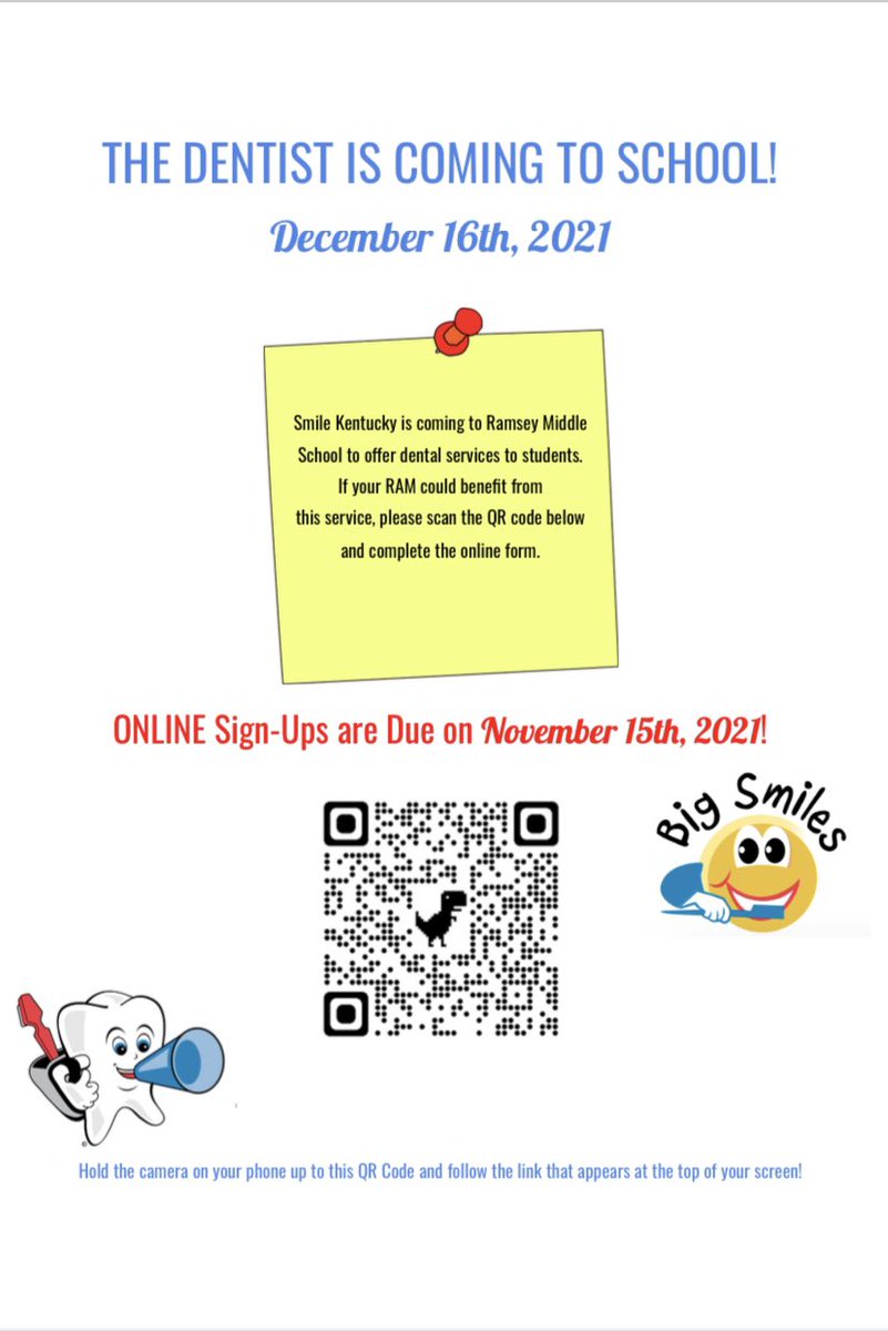 The DENTIST is coming TO SCHOOL! Sign up online by scanning the QR code below, OR keep an eye out for a paper copy that will be sent home with your student THIS WEEK. Sign-Ups are due on November 15th, 2021.