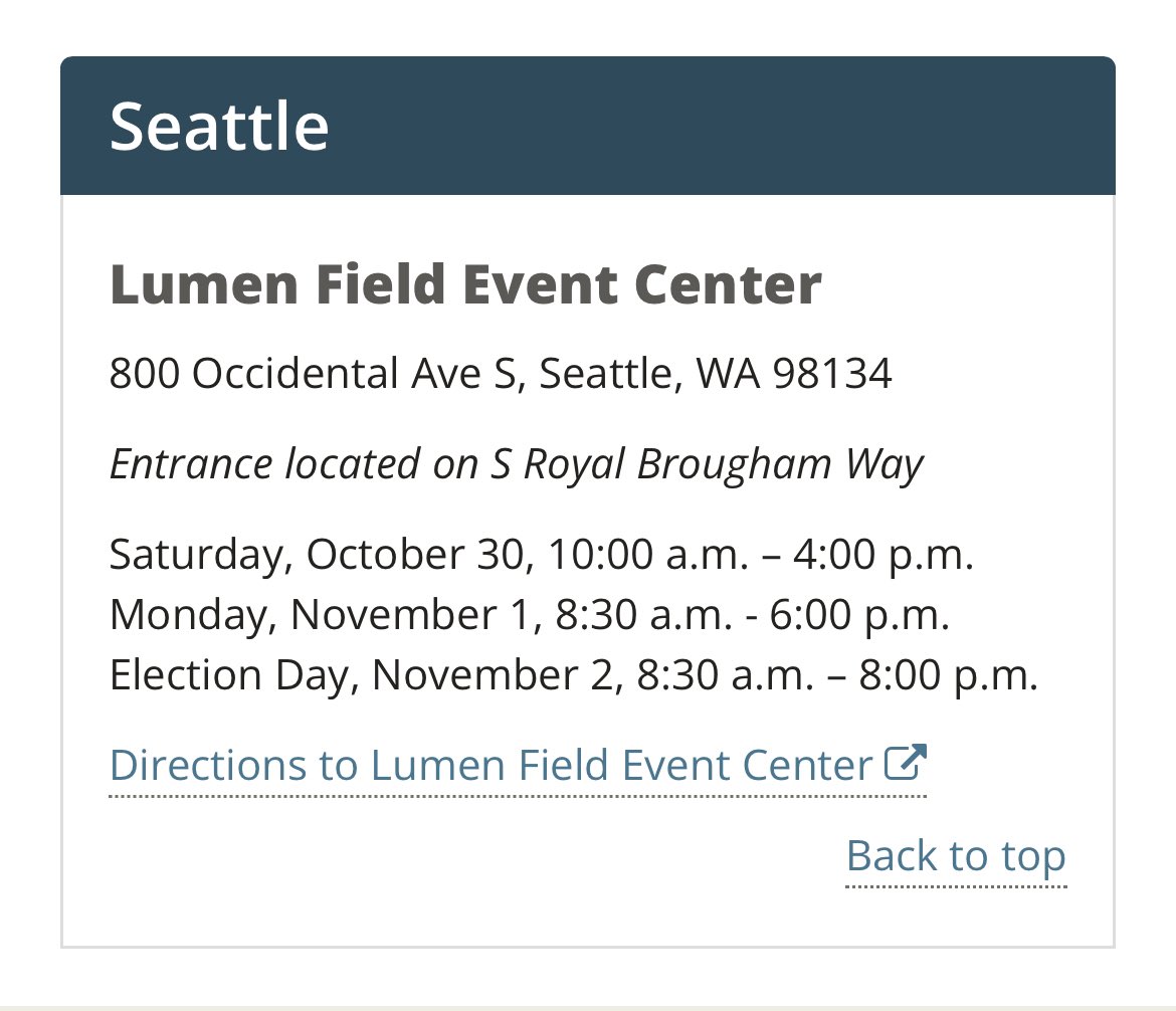 .<a href="/kcelections/">King County Elections</a> has an accessible voting center at Lumen Field open now until ballots are due 🤩 Vote, update your address, or register in-person NOW!