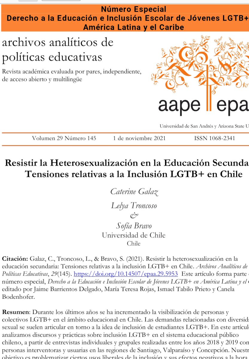 caterinegv's tweet photo. Artículo, ahora, en tiempos que los ataques a las perspectivas feministas y de disidencias, están en cuestión. 
"Resistir la Heterosexualización en la Educación Secundaria: Tensiones relativas a la Inclusión LGTB+ en Chile"
#Feministas #LGTBI
https://t.co/u1CRuU2Eq3 https://t.co/WnVkC2s9t2
