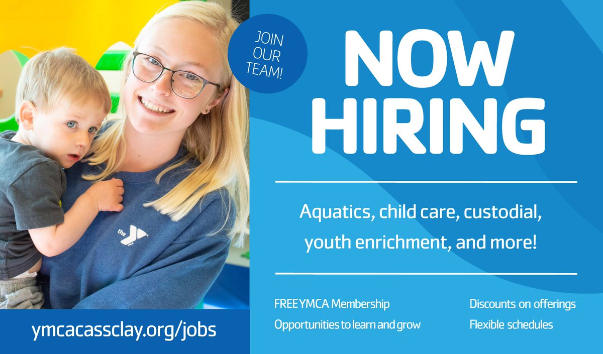 The YMCA is hiring! Give back to your community by working somewhere you love. Plus, receive a free Y membership and discounts on programs! View open positions at ymcacassclay.org/jobs.