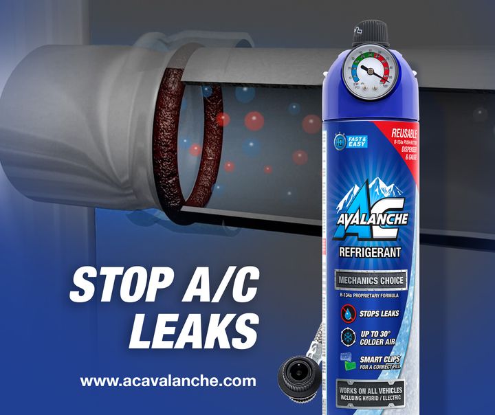 Stop leaks in your A/C with AC Avalanche R134a automotive A/C refrigerant. #acrecharge #airconditioning #acavalanche #autorepair
