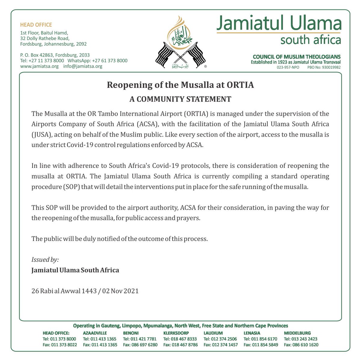 COMMUNITY STATEMENT | Reopening of the ORTIA Musalla

bit.ly/3jZ8Caa