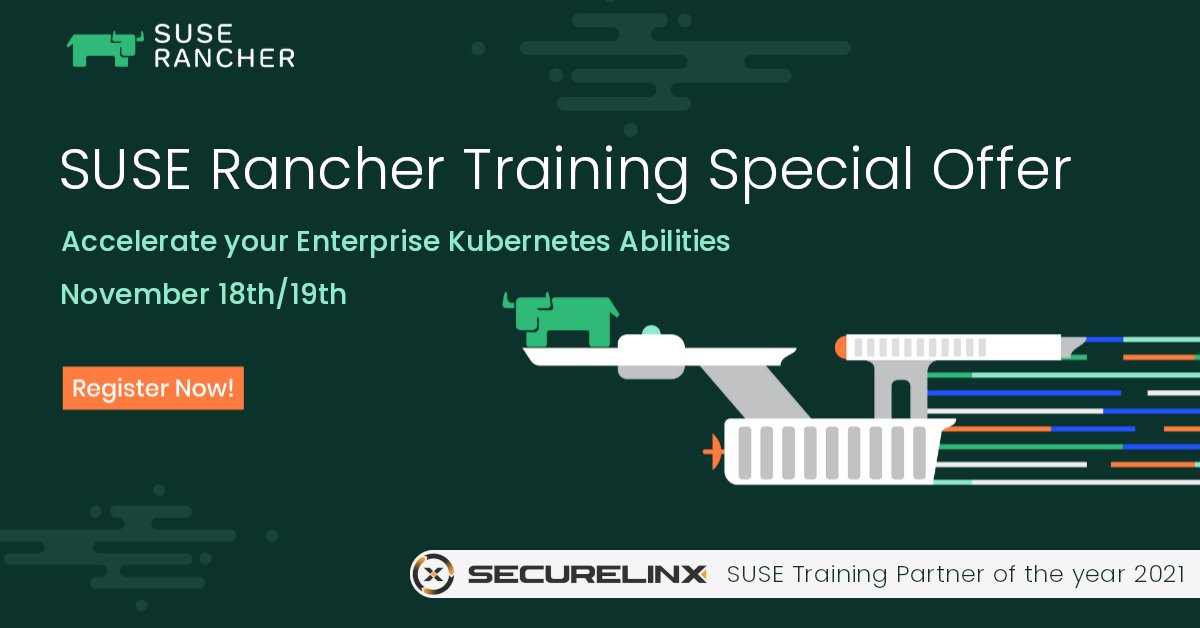 SUSE's tweet photo. Accelerate your enterprise #Kubernetes abilities with our #SUSETraining Partner of the Year, @securelinx! Find out more about a special training offer to celebrate the launch of #SUSERancher 2.6. 👉https://t.co/SmdNH5Mw1E https://t.co/26YLUHCvxt