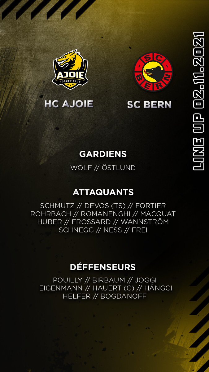 HC_Ajoie_off's tweet photo. Voici la formation du HC Ajoie pour le match de ce soir face au @scbern_news 🐻
#HCAjoie #HCA #HCALHC #NationalLeague #pourtoinousdevonstantlutter 🟡⚫️ https://t.co/suARlmIz4b