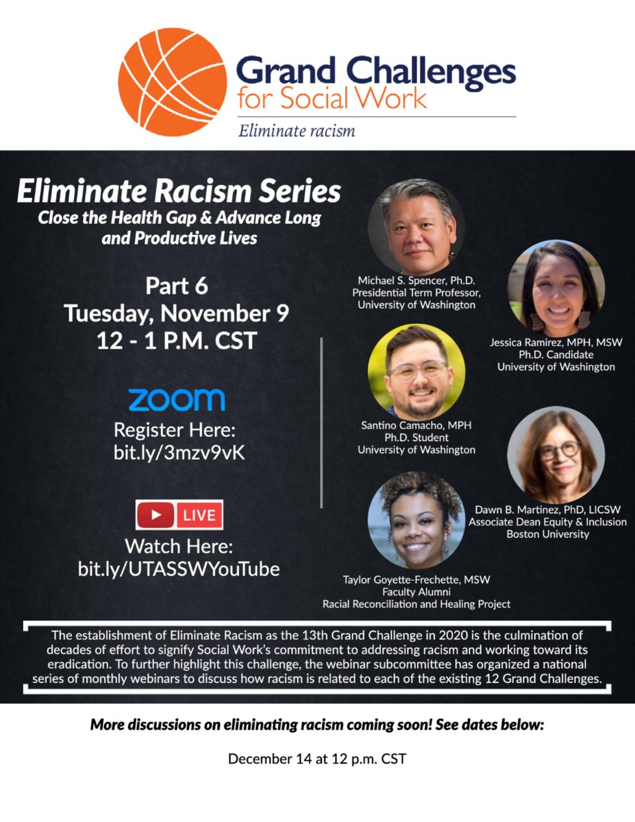GCSocialWork's tweet photo. Part 6 in the Grand Challenge to #EliminateRacism webinar series examines the intersection w. Closing the Health Gap and Advancing Long & Productive Lives with an incredible panel! Register here https://t.co/Tm8IbG5Eml #Up4theChallenge #healthequity #sdoh #productiveaging https://t.co/2fYwYTkbwt