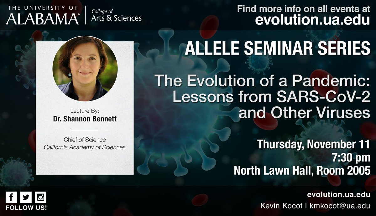UA_ALLELE's tweet photo. Join us on Thursday 11/11 at 7:30pm for Dr. Bennett's talk: The Evolution of a Pandemic: Lessons from SARS-CoV-2 and Other Viruses https://t.co/tgQ5kxbh3u