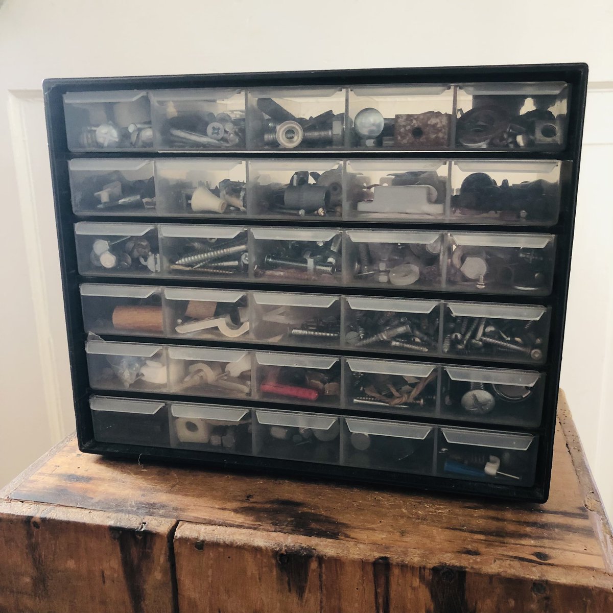 This was my Dad’s stash of odd screws, washers, hinges, hooks, lightpulls, latches and whatnots. I always find exactly the thing I need for the job. It’s 30 little compartments of conversation with him and to use it is a joy.