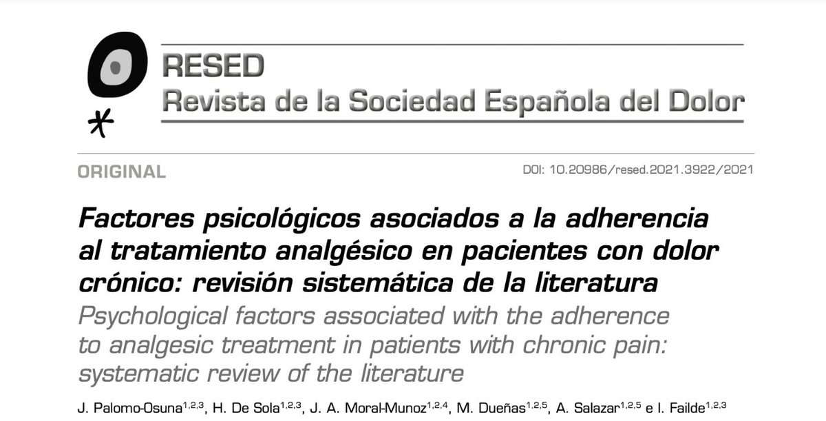 Sedolor's tweet photo. 📚Factores psicológicos asociados a la adherencia al tratamiento analgésico en pacientes con dolor crónico: revisión sistemática de la literatura.
Rev. Soc. Esp. Dolor. 2021; 28(4): 181-193 / DOI: 10.20986/resed.2021.3922/2021
https://t.co/MkTsEG8CR7
#DolorCrónico #Analgesia https://t.co/KEiNIwMzVZ