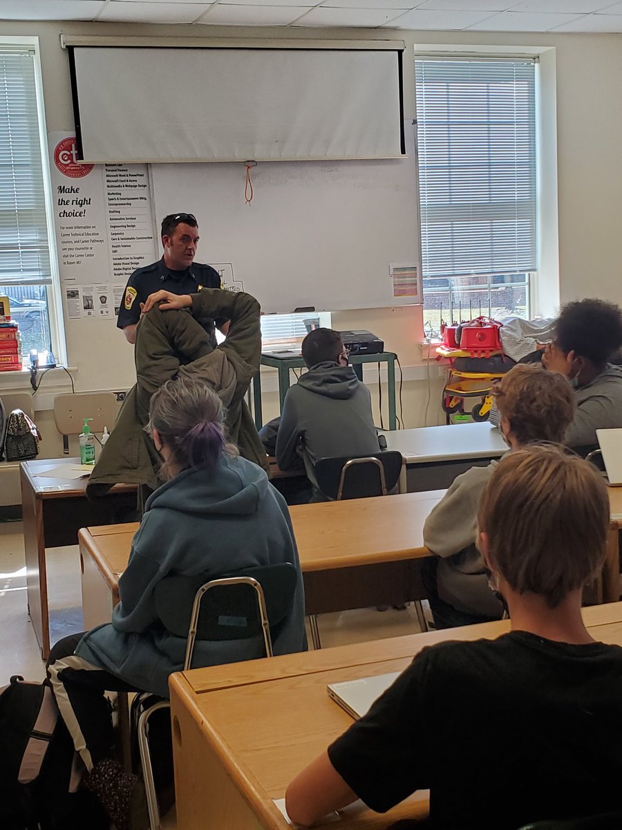 Michell96731550's tweet photo. Thank you Captain Stephen Shakeshaft and Fayetteville Fire Department for coming to my Public Safety classes today! I think we got some biters for a career in Firefighting! https://t.co/Kw4JjornHA