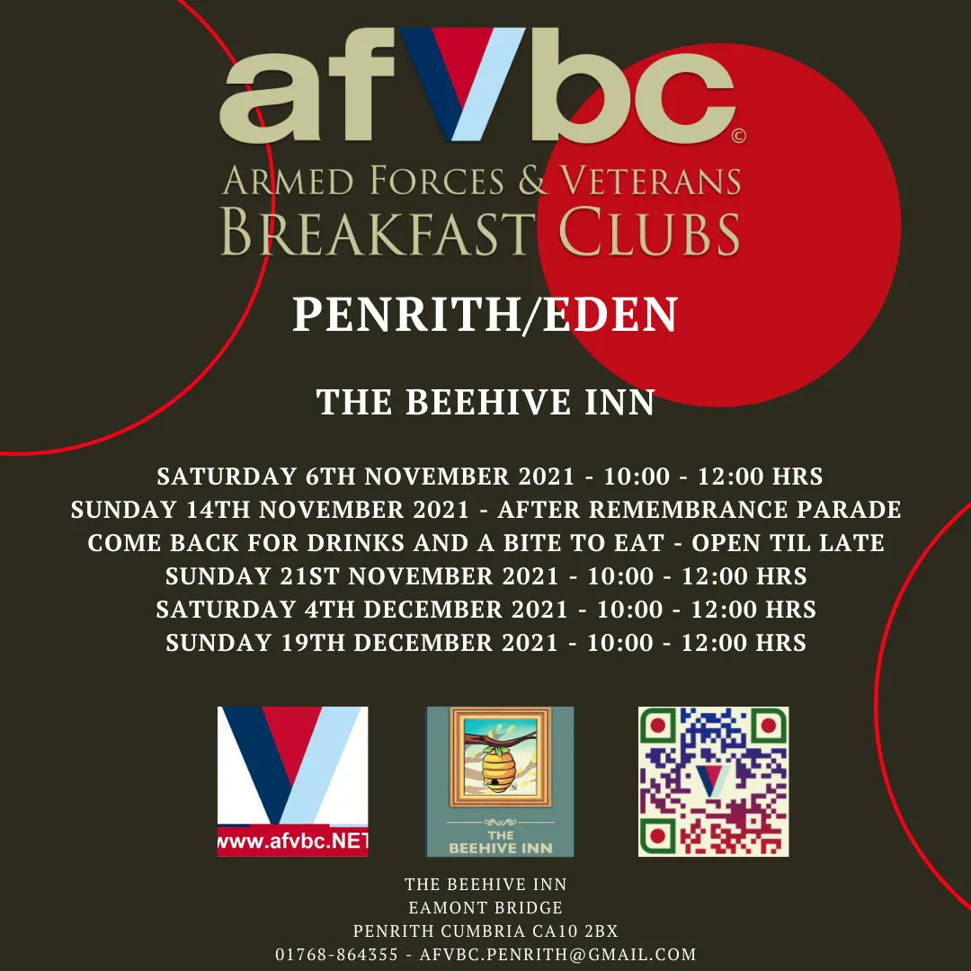 The next 2 months of #Veterans #BreakfastClub meetings in the #Penrith #Eden #Cumbria area. 

All Serving &amp; Veteran Armed Forces Personnel are welcome. 

Email: afvbc.penrith@gmail.com

Or call <a href="/B33hive1nn/">The Beehive Inn - Penrith</a> to book yourself in

<a href="/KerryanneWilde/">Kerryanne Wilde - MBA MIoD MIoL MBII</a> - Admin
can answer any questions