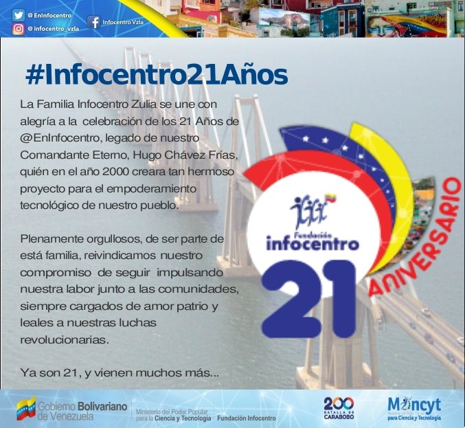 parranestor's tweet photo. Se hace camino al andar...ya son 21 años caminando junto al pueblo, llevando alegría y esperanza desde este hermoso proyecto, plenamente orgulloso me uno a la celebración de @EnInfocentro  en su aniversario. 

@BrigadasBCHCH
@NicolasMaduro
@Mincyt_VE

#Infocentro21Años #Vzla https://t.co/k9u6STkGm7