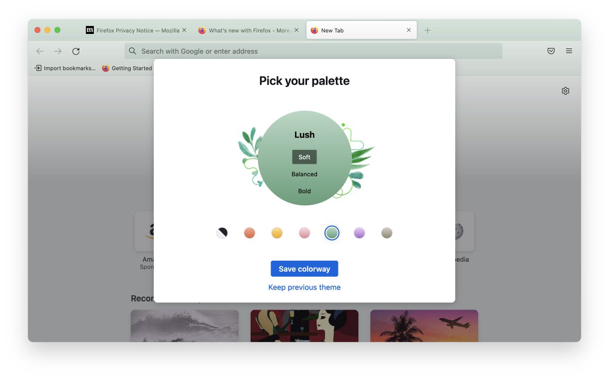 violasong's tweet photo. Today, Firefox 94 launched with some fun art to introduce the new themes. @designerham and I painted actual watercolors for this project 🥰

My friend @grafera showed me how to use channels to make the paintings work on both light and dark. UX was a team effort led by @caseyr28. https://t.co/dPPngdTlsg