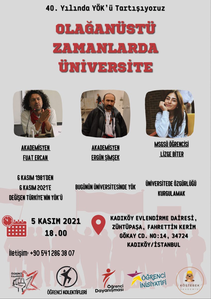 Öğrenci Dayanışması (@ogrenciday) on Twitter photo ➡️40. yılında neoliberal dönüşümün üniversite mimarlarından YÖK'ü tartışıyoruz|
Olağanüstü Zamanlarda Üniversite başlıklı açık dersimizde buluşuyoruz.
📆5 Kasım Cuma
🕧18.00
📍 Kadıköy Evlendirme Dairesi
<a href="/KostebekAkademi/">Köstebek Akademisi</a>
<a href="/ogrncifaaliyeti/">Öğrenci Faaliyeti</a>
@ogrencileriz
<a href="/kolektifler/">Öğrenci Kolektifleri</a> ➡️40. yılında neoliberal dönüşümün üniversite mimarlarından YÖK'ü tartışıyoruz|
Olağanüstü Zamanlarda Üniversite başlıklı açık dersimizde buluşuyoruz.
📆5 Kasım Cuma
🕧18.00
📍 Kadıköy Evlendirme Dairesi
<a href="/KostebekAkademi/">Köstebek Akademisi</a>
<a href="/ogrncifaaliyeti/">Öğrenci Faaliyeti</a>
@ogrencileriz
<a href="/kolektifler/">Öğrenci Kolektifleri</a>