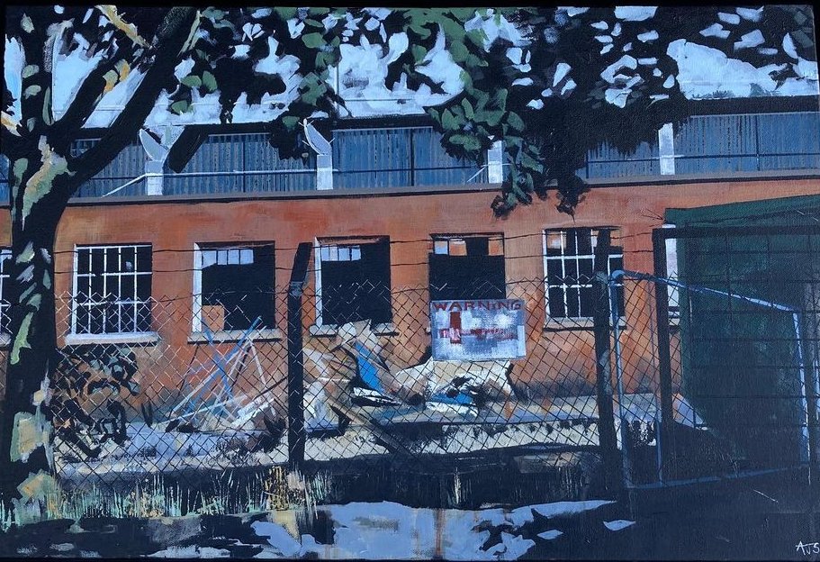 2018-20. Andrea Sadler. #acrylicpainting. The artist's paintings peeking at once busy industrial sites - that often formed their own micro provinces - remind us that these are places soon abandoned once their function has died.

<a href="/andreajsadler/">Andrea Sadler</a> #CheshireArtist #industrialpaintings