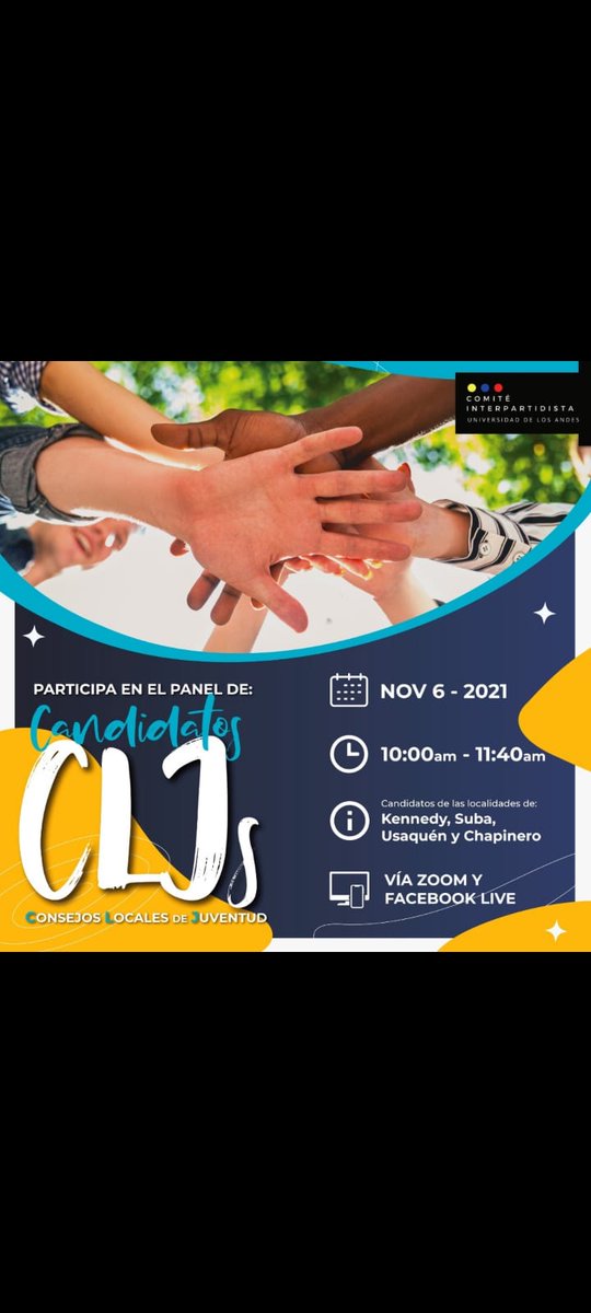 comiteuniandes's tweet photo. Desde el Comité Interpartidista de la Universidad de los Andes, los invitamos a participar del panel de "Candidatos a CLJ's".
¡No se lo pierdan!
📌 ESTE SÁBADO 6 de noviembre
📌 10 AM Hora Colombia
Por 👇👇👇
https://t.co/osuMLGT5nF
@Uniandes @PeriodAlDerecho @ElUniandino https://t.co/TLjw6c4mEf