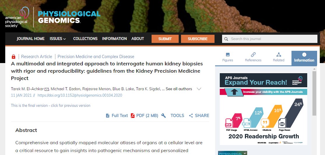 In honor of #KidneyWk 2021🔓  #FreeArticleOfTheWeek 'A multimodal & integrated approach to interrogate human kidney biopsies with rigor & reproducibility: guidelines from the Kidney Precision Medicine Project'  by Tarek M. El-Achkar, et al ow.ly/j0lB50GECP1 #PhysiologicalG