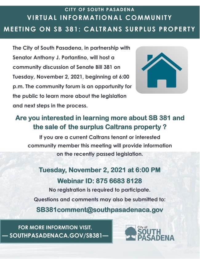 Portantino's tweet photo. Please join us TONIGHT for a virtual informational community meeting on #SB381. Visit https://t.co/A5NRQqi6VS for more information. #southpasadena #southpas https://t.co/34D0jkN7dI