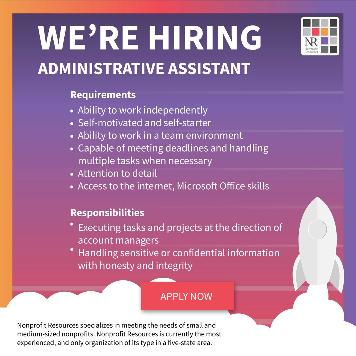 nonprofitstaff's tweet image. NPR is hiring full-time administrative assistants! 

Offering competitive pay and benefits, Nonprofit Resources is a great fit for self-motivated individuals interested in remote work.

Apply here: nonprofitresources.us/contact-us/car…