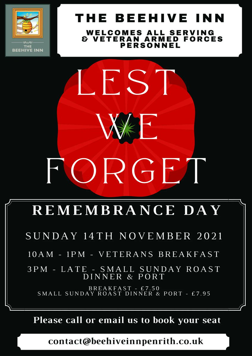 We are proud and very pleased to be supporting our Armed Forces Personnel- Serving &amp; #Veterans

If you are in the #Penrith #Eden #Cumbria area on #RemembranceSunday then pop along to the Beehive and join them in supporting Remembrance.

Sunday 14th November 2021

#Community