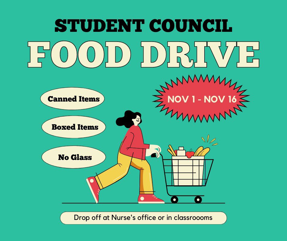 Support the Student Council and contribute to the food drive to help our neighbors. Canned or boxed goods only. No glass. Thank you! @SargentStars