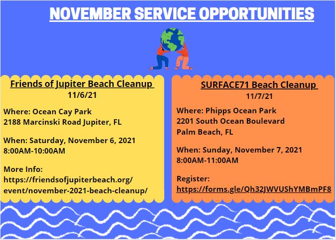 November opportunities to serve the community!!

Friends of Jupiter - (Nov 6th) 
More Info: friendsofjupiterbeach.org/event/november…

SURFACE71 (Nov 7th)
Register:  forms.gle/Qh32JWVUShYMBm…
