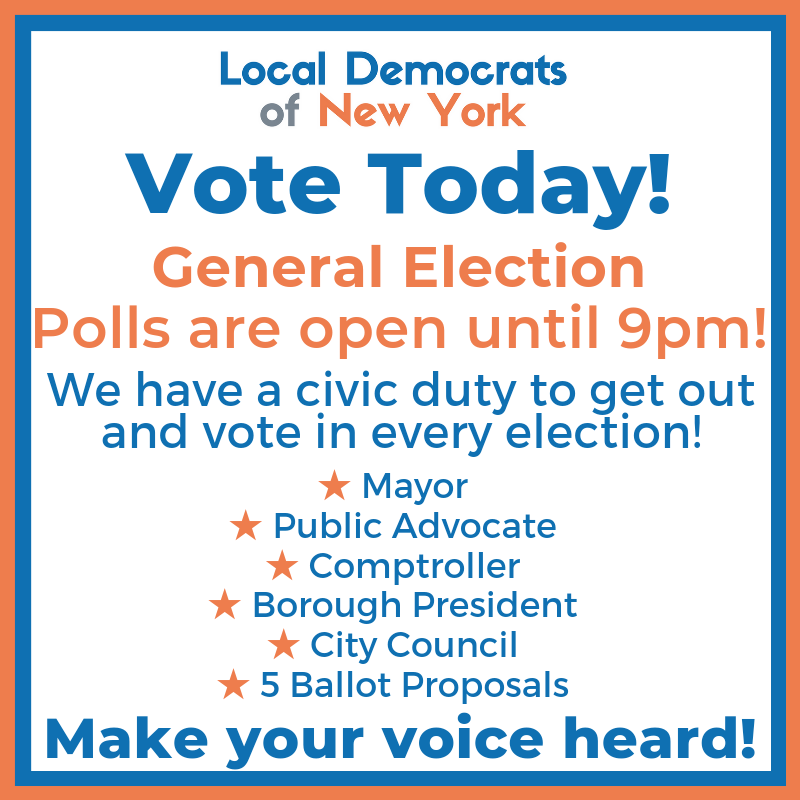 LocalDemsNY's tweet photo. Today is Election Day and our municipal elections are here! Make sure you also flip over your ballot to vote on the 5 ballot proposals! find your pollsite at https://t.co/vwzNsrt37k polls open until 9pm! https://t.co/vzxrEijUSg