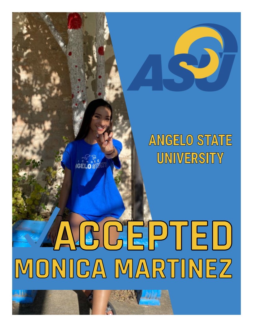 WOOOO! 

Watch out Rams, we have new student possibly coming your way. Monica Martinez has been accepted to Angelo State! 🥳🐏😆