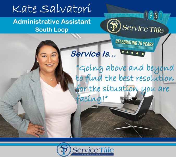 ServiceTitle's tweet photo. Meet Kate, Administrative Assistant at our Service Title β South Loop location!
#TitleTuesday
#AdministrativeAssistant
#GoingAboveAndBeyond
#ServiceIsOurMission
#70YearsOfService
#CleanAndClear
#Extra
#Friends
#Family
#Success
#Tradition
#ServiceStrong
#Est1951
#Dedication https://t.co/6gfYxwR2lN