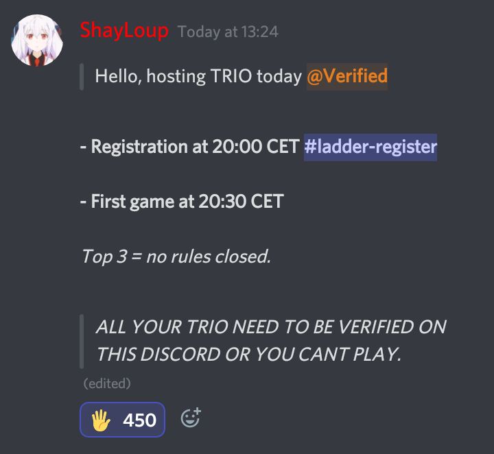 PoyoCup's tweet photo. First Open No Rules Ladder Today !

  📌 Top 3  = Closed No Rules.

We have 450 reacts and only 99 trios can register at 20:00 CET !

 New Discord server in comments. https://t.co/21PnvTT45O