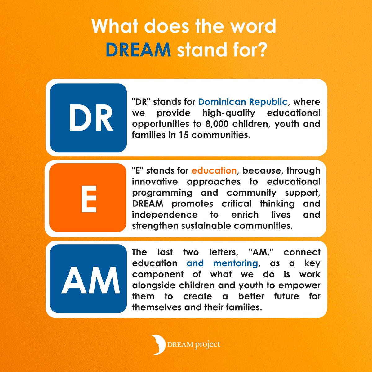 TheDREAMProject's tweet image. DREAM or Dream? 
#Tuesdayfact

DREAM stands for Dominican Republic Education and Mentoring, which represents how and where we support thousands of DREAMs in the Dominican Republic every year.

#thedreamprojectdr #dominicanrepublic #nonprofit #education #organization