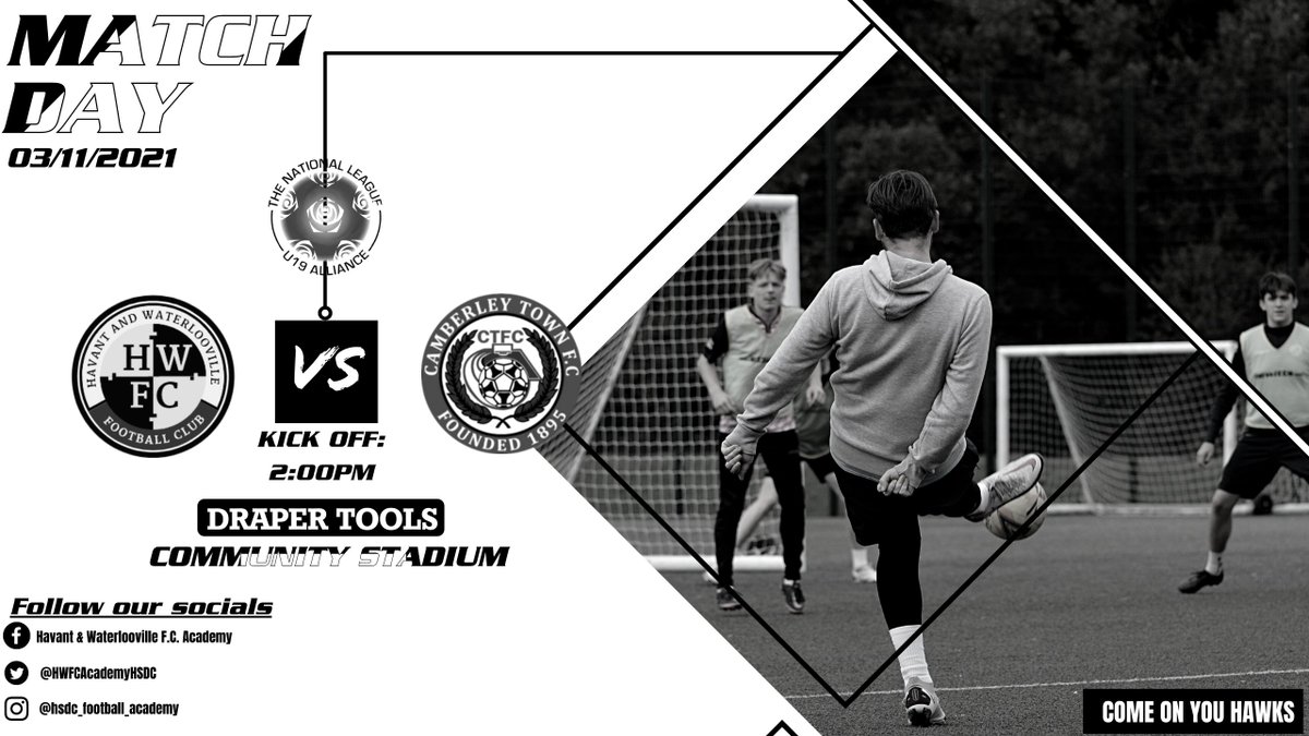 ⚽️MATCHDAY⚽️ 
🆚 <a href="/CamberleyTownFC/">Camberley Town</a> Academy
🏆 The National League Youth Alliance U19's
⌚️ 2pm kick off
🏟️ <a href="/drapertools/">Draper Tools</a> Community Stadium
📲Updates on Half-Time and Full-Time result