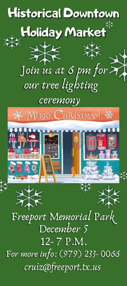 FreeportMuseum's tweet photo. 🎄The holidays are just around the corner and The City of Freeport has some great events planned!🎅

Mark your calendars for Holiday on the Brazos and the Historic Downtown Holiday Market!

❄️We look forward to seeing you there!⛄️ https://t.co/9lEM75sA1Z