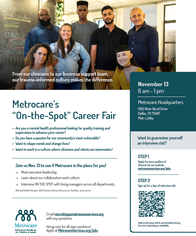 eldamhudson's tweet photo. So excited to be a part of @Metrocare job fair on November 13th! Come join our team! #JobSeekers #hiring #mentalhealthjobs https://t.co/dQfwMQygbg