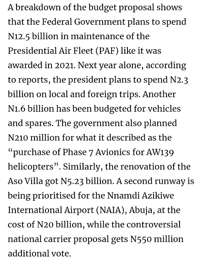 EbenezarWikina's tweet photo. The #2022Budget has:
12.5 billion for maintenence of Presidential Air Fleet
2.3 billion for Jaiye Jaiye by Presido around the world
1.6 billion for cars and spares
5.23 billion for Aso Villa Renovation
.
.
.
ππ Bubu baby loke loke
#PolicyShapers #JoinAParty https://t.co/wisF0q97g0