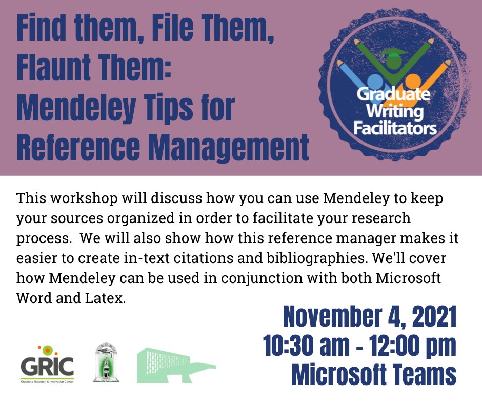Learn how to use Mendeley to keep your research process organized and facilitate the (tedious, time-consuming, nerve-wracking) process of generating your citations and bibliography. Sign-up: uprm.libcal.com/calendar/cedib…
See you then!
<a href="/BibliotecaUPRM/">Biblioteca UPRM</a> @CEPRUM1 <a href="/ceegrum/">CEEG-RUM</a> <a href="/CEEGRUM_Oficial/">Consejo de Estudiantes Graduados - RUM</a>