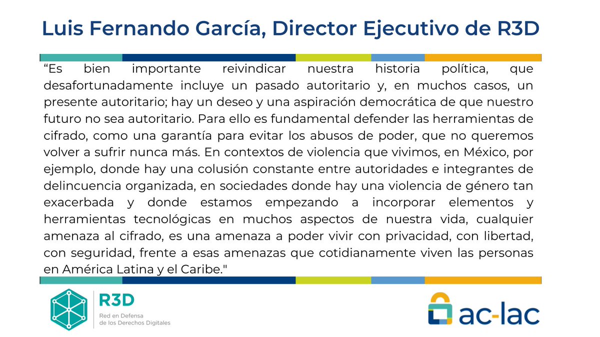 aclac_alianza's tweet photo. #ACLAClive Cara a Cara:
"cualquier amenaza al #cifrado, es una amenaza a poder vivir con privacidad, con libertad y seguridad, frente a amenazas q cotidianamente viven las personas en AmLat y Caribe" explicó @tumbolian de @R3Dmx 
Su intervención completa👇
https://t.co/txnqjnxUYM https://t.co/y5xEyc2HEe