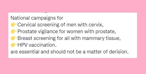 My early tests are not looking good, but still other possible causes. Again checking vigilance and screening in trans and non binary people saves lives and should not be a matter for derision. prostatecanceruk.org/prostate-infor…