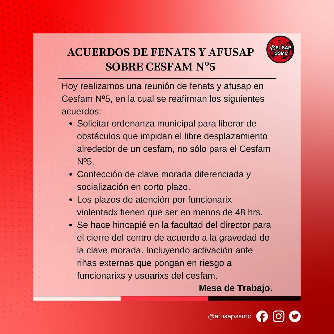 afusap_ssmc's tweet photo. Seguimos movilizadxs en el Cesfam N°5, esperando respuestas concretas y avances. Dignidad para trabajar es un mínimo ético para todas las personas.
🔴⚪⚫✊🏼
#afusap #ssmc #fenats #cesfam5 #municipalidaddesantiago https://t.co/K5Q0T8juCh