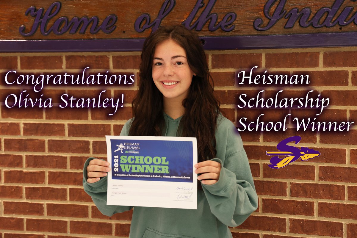 Please join us in congratulating <a href="/SangerVolley/">Sanger HS Volleyball</a> senior Olivia Stanley for being named a Heisman Scholarship School winner. 

Stanley was chosen from a pool of thousands of applicants and will continue on for the chance to be a state or national winner.

Way to go, Olivia!
