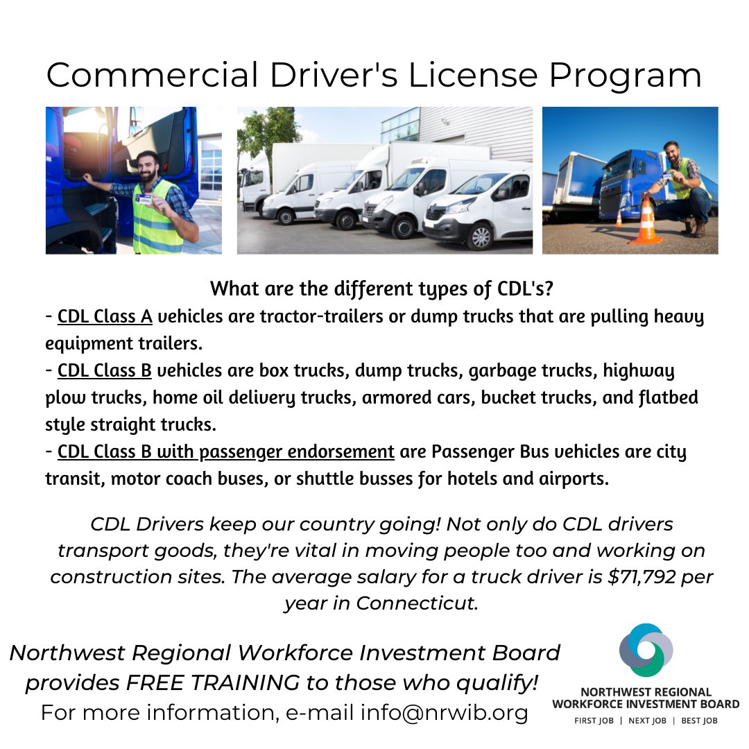 NRWIB's tweet photo. CDL Drivers are in-demand as goods and services need to be moved! Find out how we can help get you training for this career with job security and flexibility! info@nrwib.org or 203-574-6971 #CDLTraining #CTFreeTraining https://t.co/3WLwJFpoZm